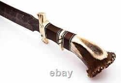 Damascus Steel Hunting Knife Stag Antler Handle with Burl Wood & Brass Guard