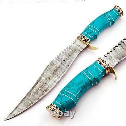 Damascus Steel Hunting Knife, Turquois Stone & Brass Handle, Best Gift For Men