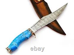 Damascus Steel Hunting Knife, Turquois Stone & Brass Handle, Best Gift For Men