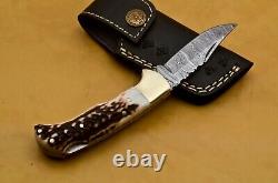 Damascus Steel Lock Back Folding Pocket Knife Stag Antler Horn Handle Lot of 5