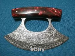 Damascus Steel Ulu Knife, Polished Handle, With Wood Stand. Red with Brass Pins