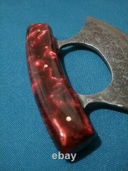 Damascus Steel Ulu Knife, Polished Handle, With Wood Stand. Red with Brass Pins