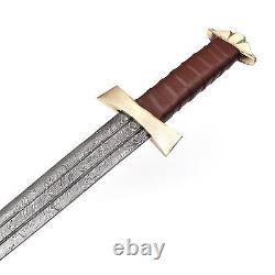 Damascus Viking Warrior Sword Leather Wrapped Handle, Sheath Battle Ready