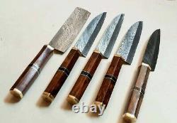 Damascus steel Chef Set 5 Pics Sharp Edge Brass & Rose wood handle, Leather cover