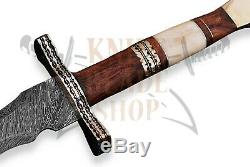 Damascus steel KRIS blade Sword, Handmade SWORD ROSE WOOD &BONE HANDLE