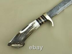 Damascus steel hand made sword sharp edge razor stag handle overall 18 long