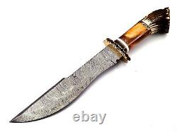 Edc Custom Hand Forged Damascus Steel Bowie Knife Deer Stag Antler&brass Handle