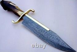 Fancy Handmade Damascus Steel Bowie Knife Handle Brass Clip And Stag Crown