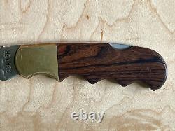 Gerber Magnum Lockback Folder Brass Wood Handle Leather Sheath USA