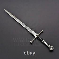 HAND FORGED DAMASCUS CLAYMORE Sword Leather Handle WAZ Knives W BRASS GUARD