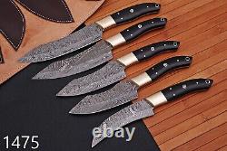HAND FORGED DAMASCUS STEEL CHEF KNIFE KITCHEN SET WITH Horn & Brass HANDLE