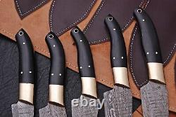HAND FORGED DAMASCUS STEEL CHEF KNIFE KITCHEN SET WITH Horn & Brass HANDLE