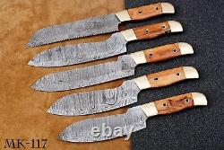 HAND FORGED DAMASCUS STEEL CHEF KNIFE KITCHEN SET With Olive Wood & Brass HANDLE