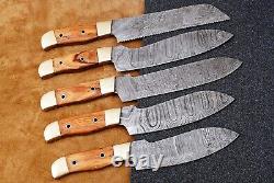 HAND FORGED DAMASCUS STEEL CHEF KNIFE KITCHEN SET With Olive Wood & Brass HANDLE