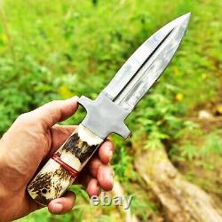 HANDMADE D2 STEEL HUNTING Fix Blade Skinner Knife With Deer Stag Antler Handle