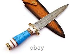 HANDMADE DAMASCUS STEEL HUNTING DAGGER KNIFE TURQUOISE STONE & BRASS HANDLE Gift
