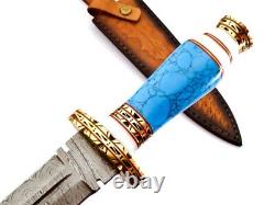 HANDMADE DAMASCUS STEEL HUNTING DAGGER KNIFE TURQUOISE STONE & BRASS HANDLE Gift