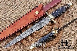 HUNTEX Custom Handmade Damascus Blade, 385 mm Buffalo Horn Handle Exotic Dagger