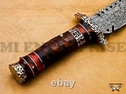 Hand Made Custom Damascus Steel Hunting Knife Pine cone / Resin Brass Handle