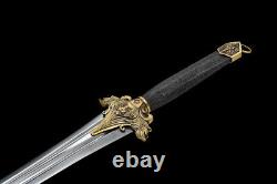 Hand carved Brass lion head Sword Folded Steel 3 Groove Blade Ray Skin handle