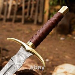 Handcrafted Damascus Steel Sword With Brass File Work Guard And Olive Wood Handl
