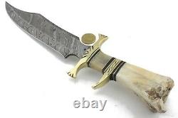 Handmade Bowie Knife, Damascus Blade, Camel Bone & Brass Handle, Leather Sheath