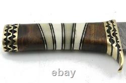 Handmade Bowie Knife Damascus Blade Walnut Wood Bone Brass Handle Leather Sheath