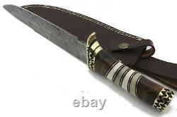Handmade Bowie Knife Damascus Blade Walnut Wood Bone Brass Handle Leather Sheath