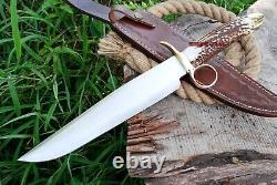 Handmade D2 Steel Hunting Big Bowie Knife with Stag Handle and Leather Sheath