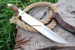 Handmade D2 Steel Hunting Big Bowie Knife with Stag Handle and Leather Sheath