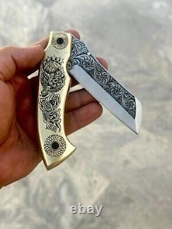 Handmade D2 Steel folding knife Hand Engraved With brass On Handle with sheath
