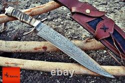 Handmade DAMASCUS steel Hunting Bowie Knife SHEEP HORN Handle with leather sheat