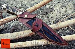 Handmade DAMASCUS steel Hunting Bowie Knife SHEEP HORN Handle with leather sheat