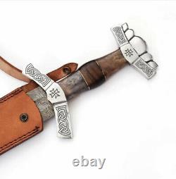 Handmade Damascus Full Tang Sword Valhalla Engrave Designs On Handle With Sheath