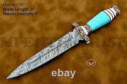 Handmade Damascus Steel Dagger Hunting Knife Turquoises Gemstone Brass Handle