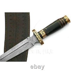 Handmade Damascus Steel Dagger Knife Ram Horn Handle Brass Spacer Filework
