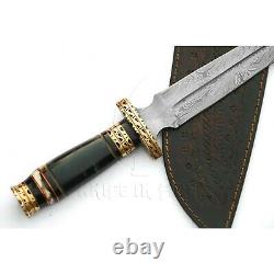 Handmade Damascus Steel Dagger Knife Ram Horn Handle Brass Spacer Filework