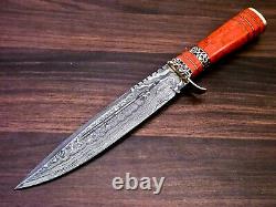 Handmade Damascus Steel Hunting Bowie Knife With Red Jasper Stone & Brass Handle