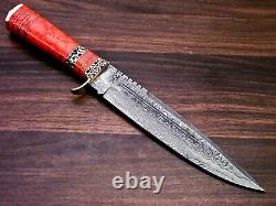 Handmade Damascus Steel Hunting Bowie Knife With Red Jasper Stone & Brass Handle