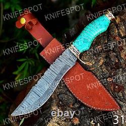 Handmade Damascus Steel Hunting Bowie Knife With Turquoise Stone& Brass Handle