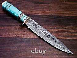 Handmade Damascus Steel Hunting Bowie Knife With Turquoise Stone & Brass Handle