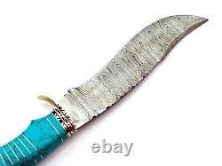 Handmade Damascus Steel Hunting Bowie Knife With Turquoise Stone& Brass Handle