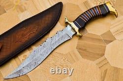Handmade Damascus Steel Hunting Bowie Knife Wood, Black Horn & Brass Handle