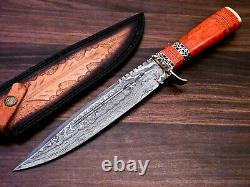 Handmade Damascus Steel Hunting Bowie Knife with Red Jasper stone& Brass Handle