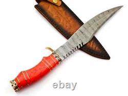 Handmade Damascus Steel Hunting Bowie Knife with Red Jasper stone& Brass handle