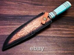Handmade Damascus Steel Hunting Bowie Knife with Turquoise stone & Brass Handle