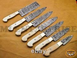 Handmade Damascus Steel Hunting Chef Set Knives Bone Brass Handle (AN256)