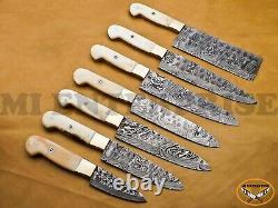 Handmade Damascus Steel Hunting Chef Set Knives Bone Brass Handle AN256