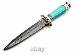 Handmade Damascus Steel Knife, Turquoise Stone And Brass Handle Fancy Knife