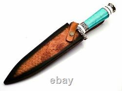 Handmade Damascus Steel Knife, Turquoise Stone And Brass Handle Fancy Knife